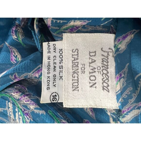 Vintage Francesca Of Damon For Starington Blue Floral Silk Blouson Dress Size16 - Picture 12 of 14